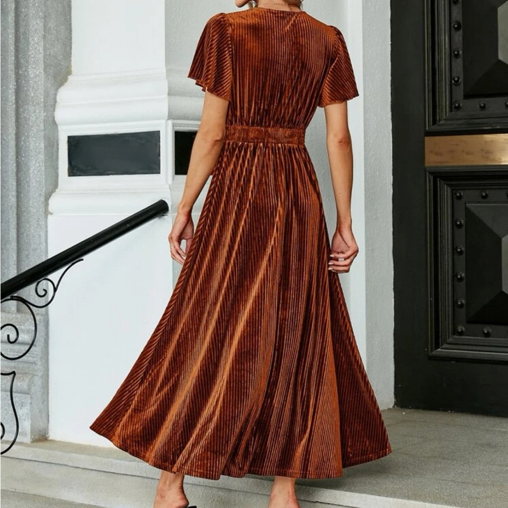Luxe burnt orange velvet V neck butterfly sleeve dress LAST FEW - Picture 4 of 16